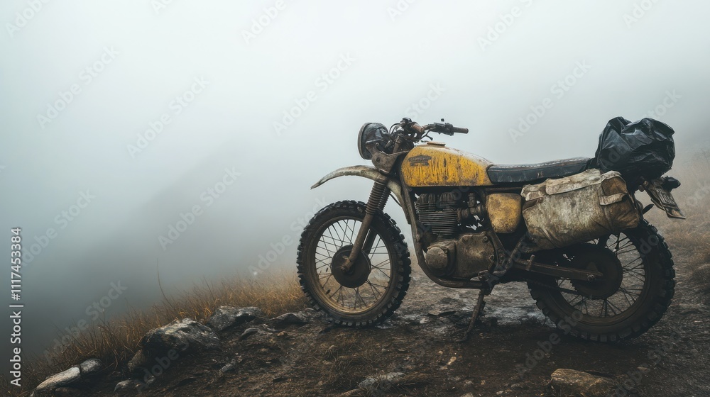 A rugged stock motorbike with a frayed seat cover and dented side panel, on a misty hillside, A rugged stock motorbike with a frayed seat cover and dented side panel, on a misty hillside,