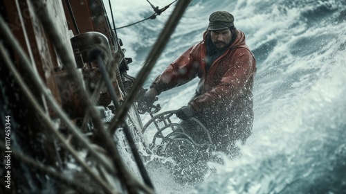 A deckhand skillfully navigating the ship through choppy waters aided by the istance of fellow crew members.