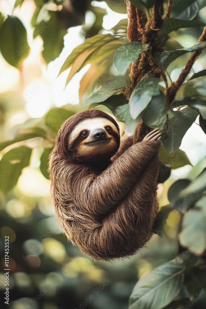 Brown and black sloth hanging from a branch in the wild. The animal is seen in its natural habitat, perched high in a tree surrounded by green leaves. Brown and black sloth hanging from a branch in the wild. The animal is seen in its natural habitat, perched high in a tree surrounded by green leaves.
