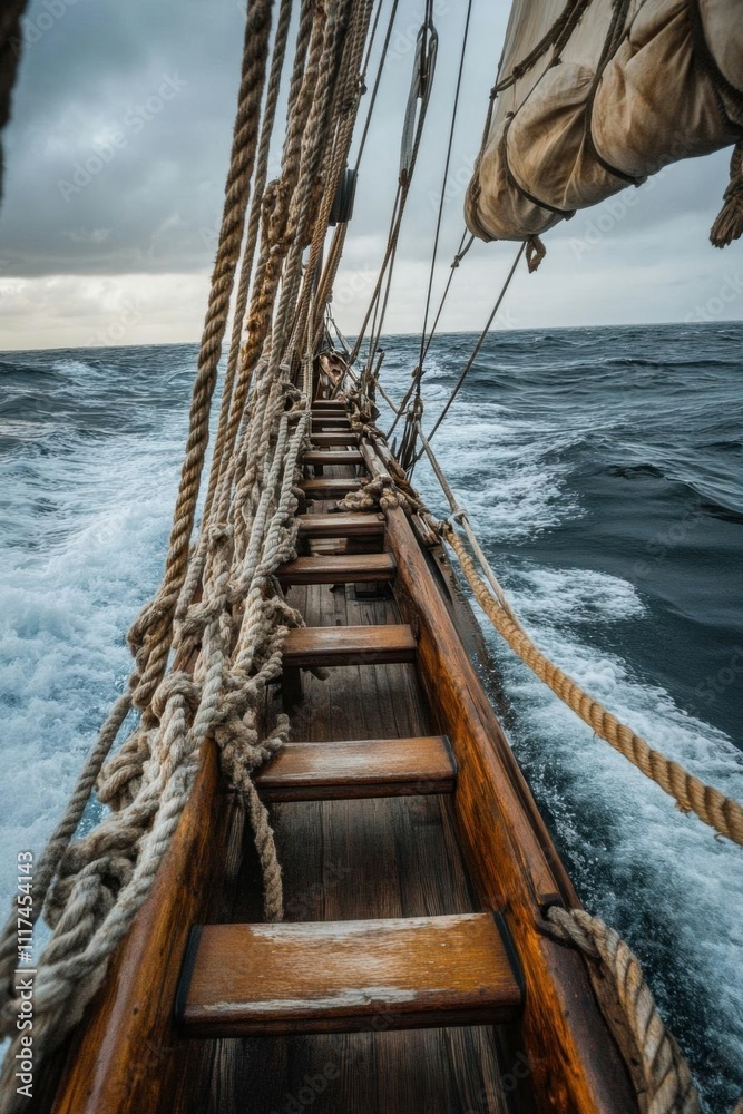 A wooden ship's deck with ropes, navigating through turbulent waters. A wooden ship's deck with ropes, navigating through turbulent waters.