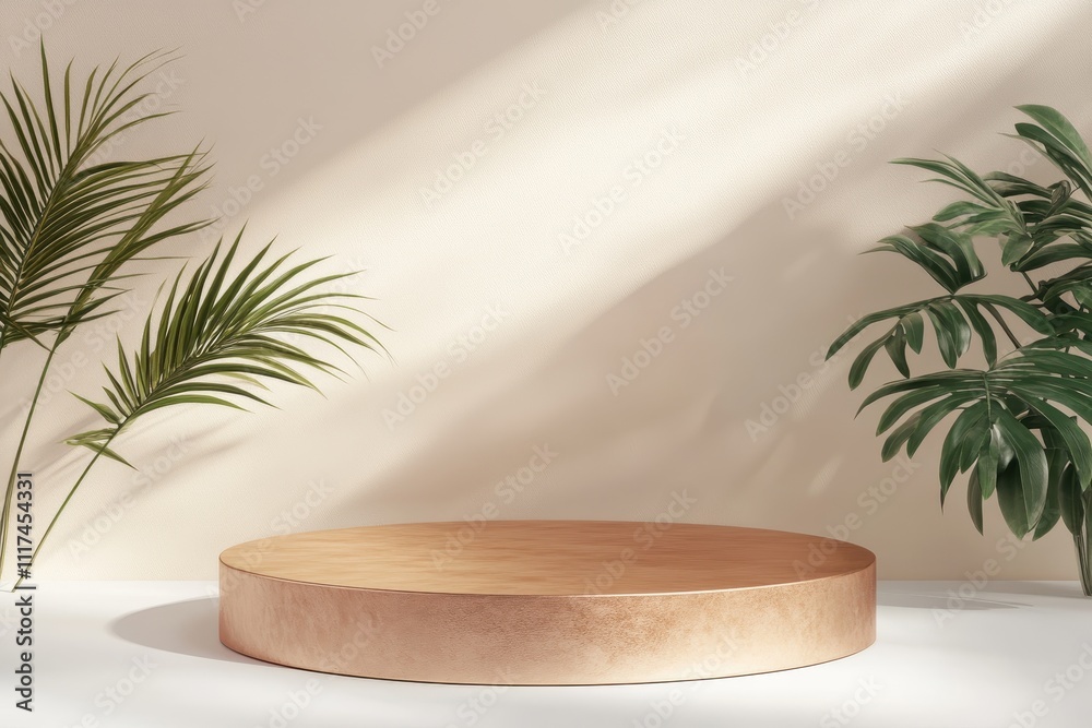 A minimalist display platform surrounded by tropical plants in soft lighting. A minimalist display platform surrounded by tropical plants in soft lighting.