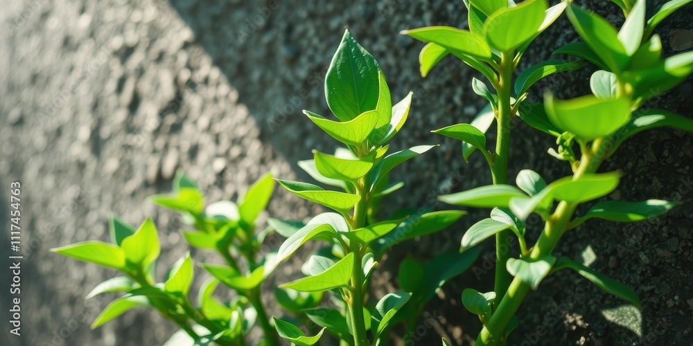 Fototapeta premium Close-up of green foliage growing against a textured backdrop, showcasing the delicate beauty of nature's resilience