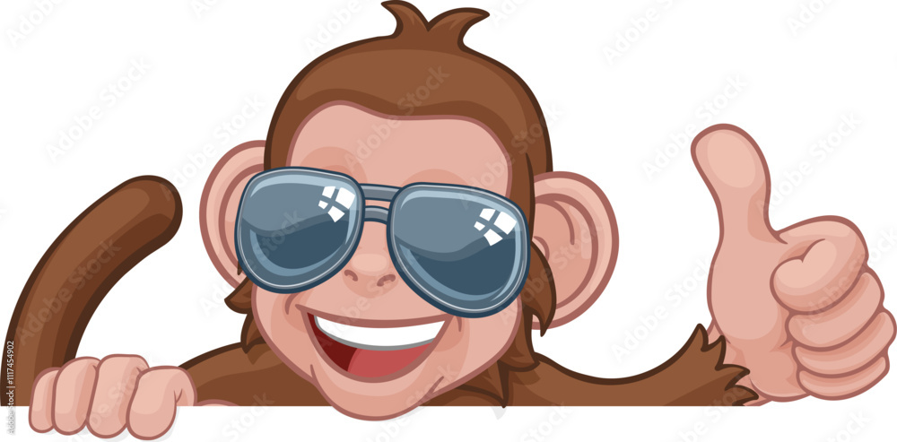 Fototapeta premium A monkey cool cartoon character animal wearing sunglasses peeking over a sign and giving a thumbs up