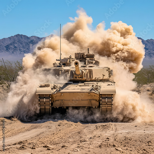 M1 Abrams tank in Desert Dust Cloud