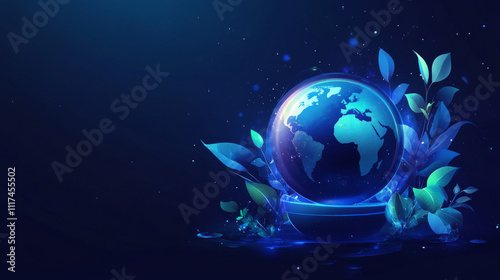 Sustianable development goals for 2025, New Year web banner with futuristic glowing digits, Earth globe and enironmental elements on dark blue background. Modern abstract vector illustration photo