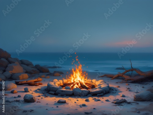Beach Bonfire - Tranquility and Warmth at Dusk