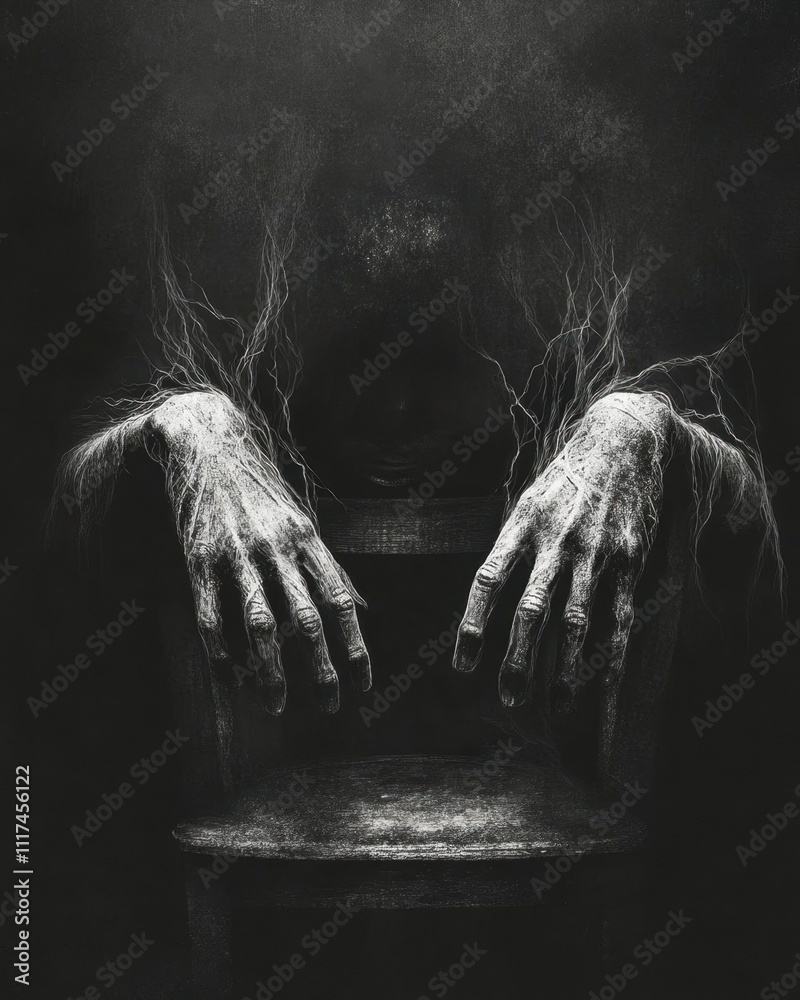 A haunting image of skeletal hands gripping a chair in darkness. A haunting image of skeletal hands gripping a chair in darkness.