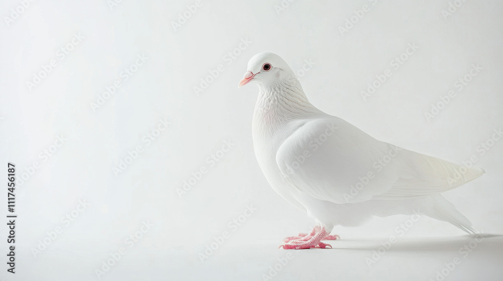 Fototapeta premium Elegant white dove stands gracefully on a soft white background, highlighting its pure plumage and delicate features in serene simplicity.