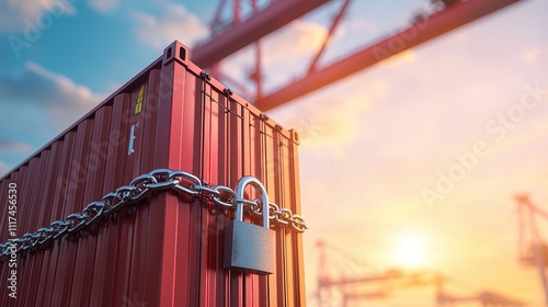 Shipping container locked with chains and padlock under a sunset sky