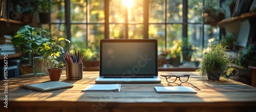 Sunlit workspace with laptop, plants, and stationery.