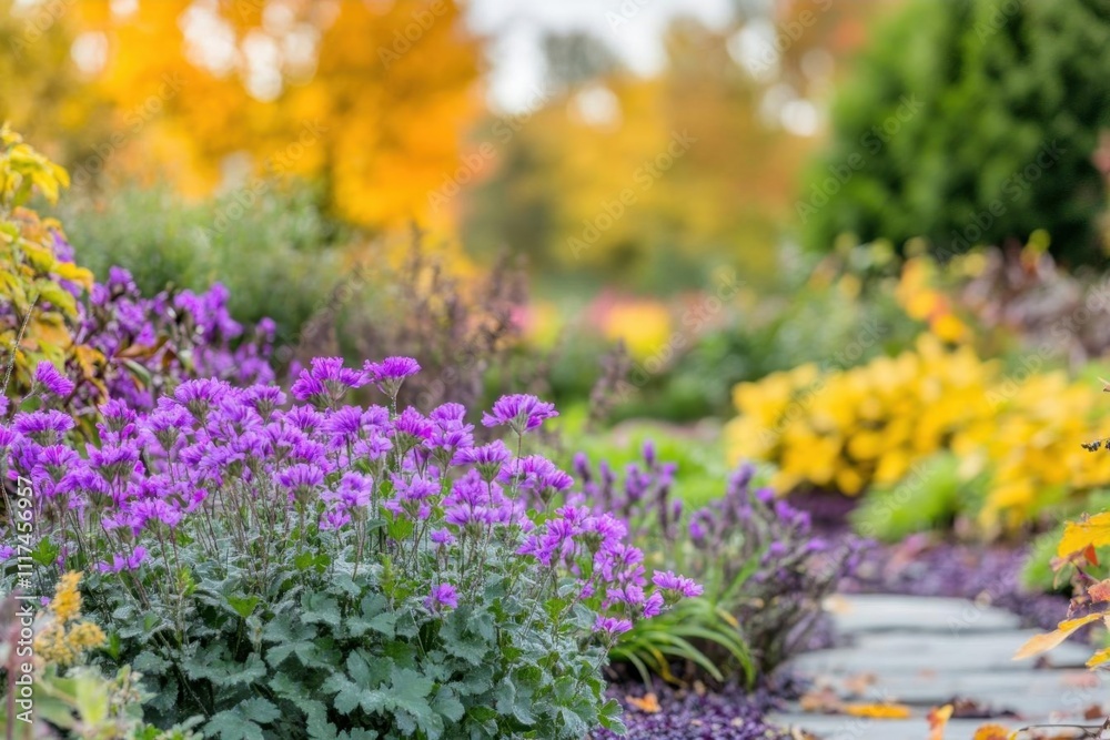 Vibrant garden scene featuring purple flowers and autumn foliage. Vibrant garden scene featuring purple flowers and autumn foliage.