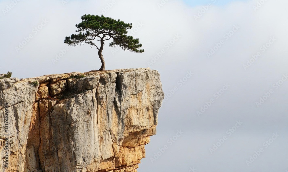 A solitary tree stands on a rocky cliff against a cloudy sky. A solitary tree stands on a rocky cliff against a cloudy sky.