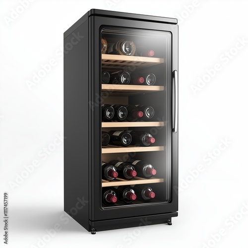 A slim-profile wine cooler with two compartments, each adjustable to different temperatures , isolated on a white background , High quality , No blur