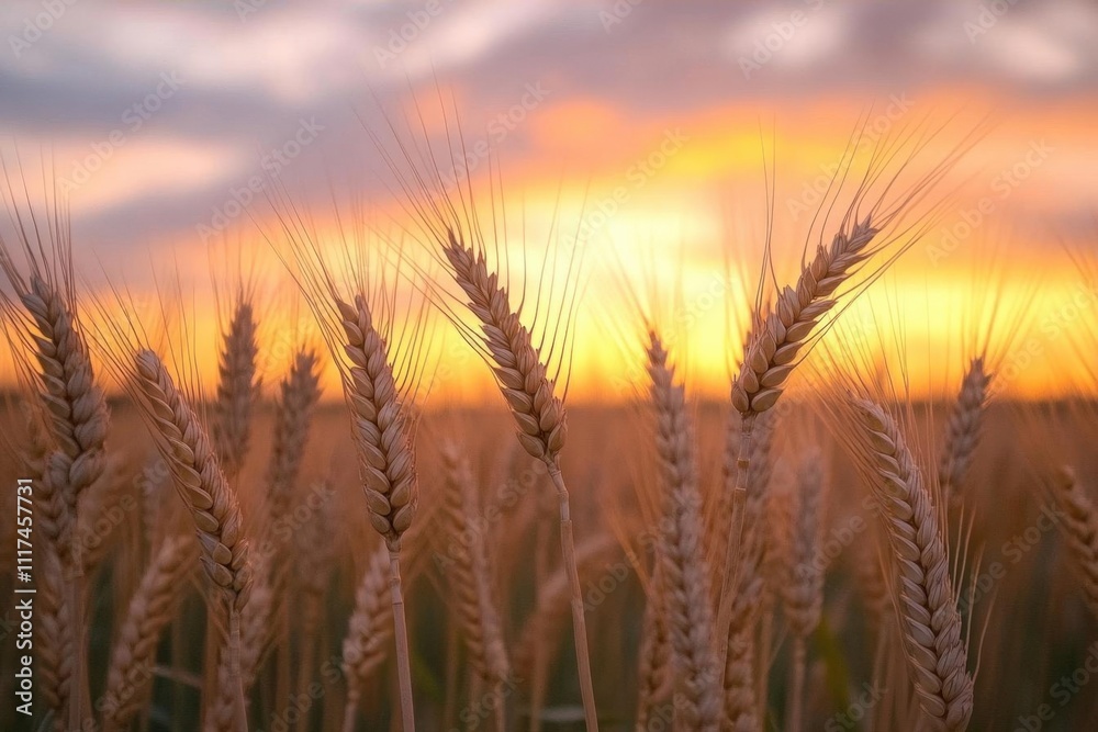 Golden wheat stalks against a vibrant sunset sky. Golden wheat stalks against a vibrant sunset sky.