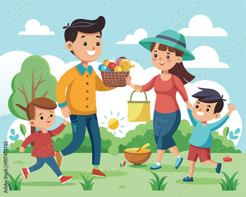 family going to picnic outing holiday vacation travel vector illustration graphic design artwork