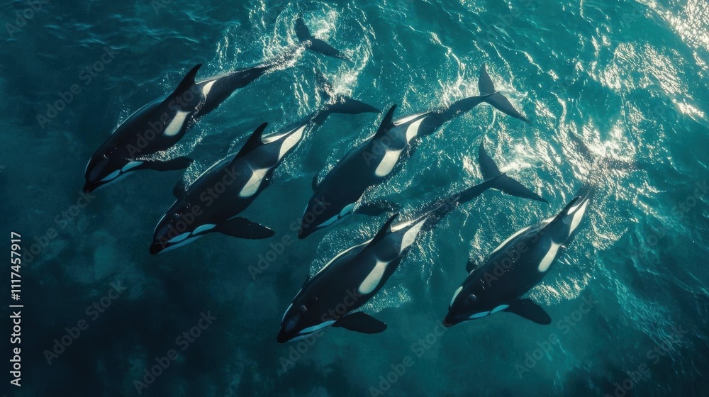 Aerial view of a pod of orcas swimming in the ocean. Aerial view of a pod of orcas swimming in the ocean.