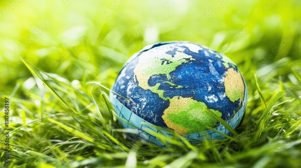 Miniature globe resting on vibrant green grass. Miniature globe resting on vibrant green grass.