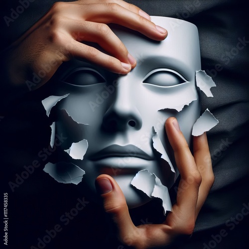 83 Unmasking A face peeling away layers of paper to reveal its t photo