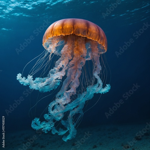 A jellyfish glowing in a gradient blue sea.