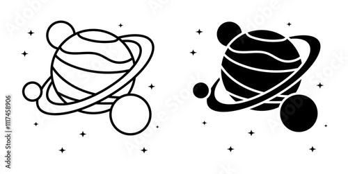 Linear icon, Saturn planetary cluster with satellites. Watching satellites on orbit around planet in space. Simple black and white vector isolated on white background