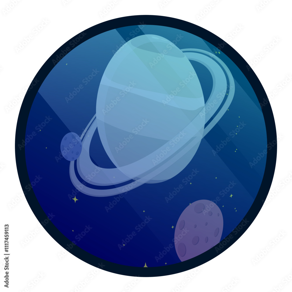 Saturn planetary cluster with satellites through lens of an old telescope. Observatory is watching satellites on orbit around planet in space. Cartoon vector Saturn planetary cluster with satellites through lens of an old telescope. Observatory is watching satellites on orbit around planet in space. Cartoon vector