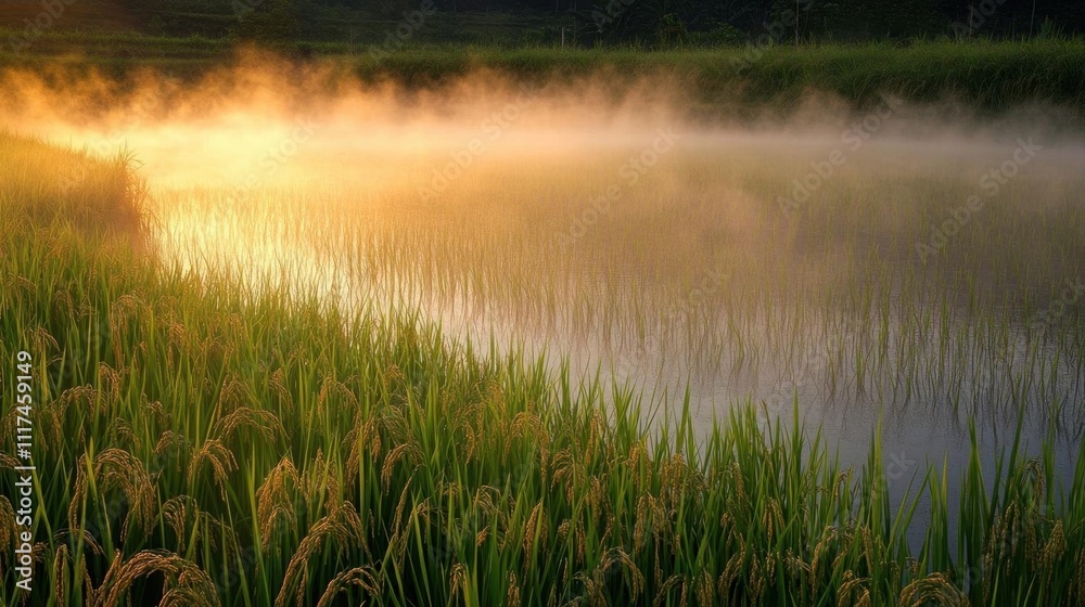 Misty morning over a serene rice field by a tranquil water body. Misty morning over a serene rice field by a tranquil water body.