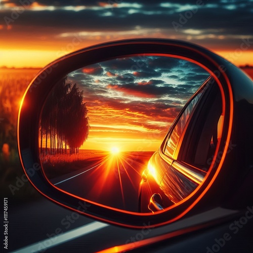 135 Sunrise reflected in side mirror – A close up of a side mi photo