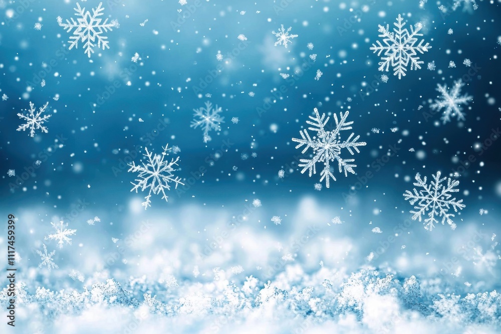 A serene winter scene with falling snowflakes against a blue background. A serene winter scene with falling snowflakes against a blue background.