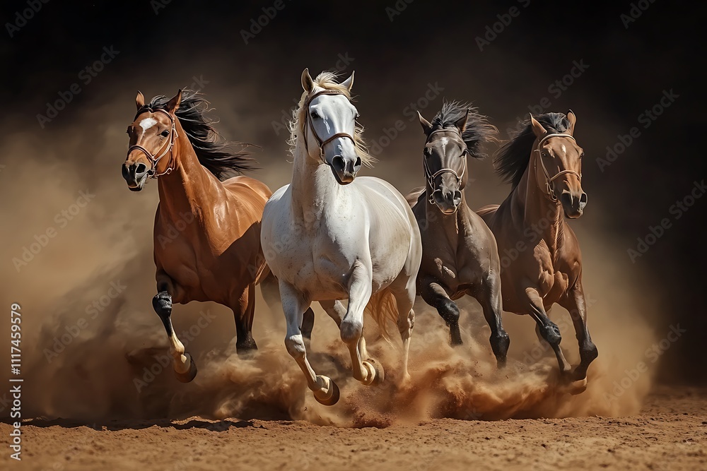 Horses run fast in dark backgound in sandy field, Horses run fast in dark backgound in sandy field,