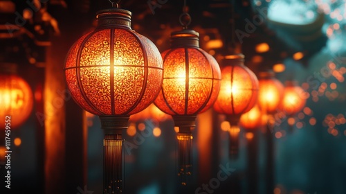 Illuminated red lanterns hanging outdoors at night.