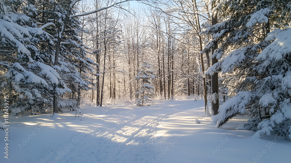 Fototapeta premium Sunlit Snow-Covered Path Through a Winter Forest
