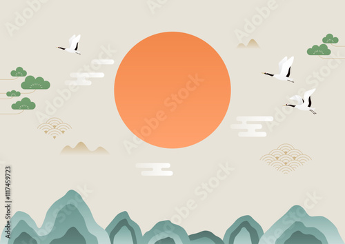 Korean traditional illustration with orange sun and mountains.