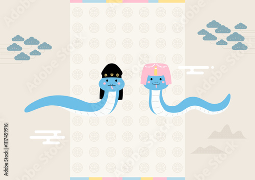 Korean traditional New Year illustration with blue snakes.