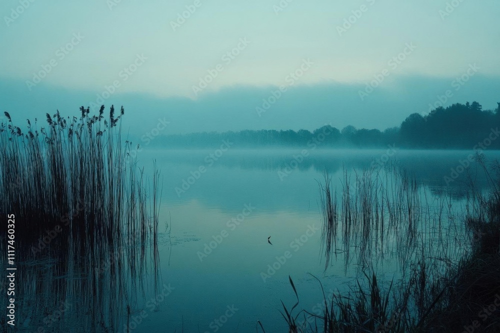 Serene lake scene at dawn with mist and tall grasses.