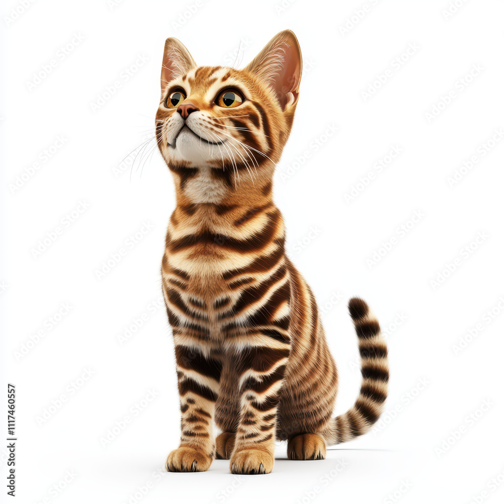 Playful tabby cat with striking stripes, sitting gracefully and looking up Playful tabby cat with striking stripes, sitting gracefully and looking up