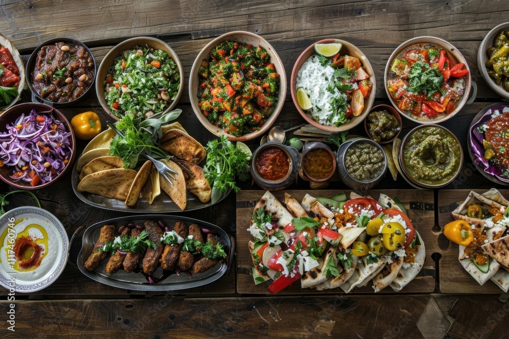 Fototapeta premium A vibrant spread of various dishes showcasing diverse culinary flavors.