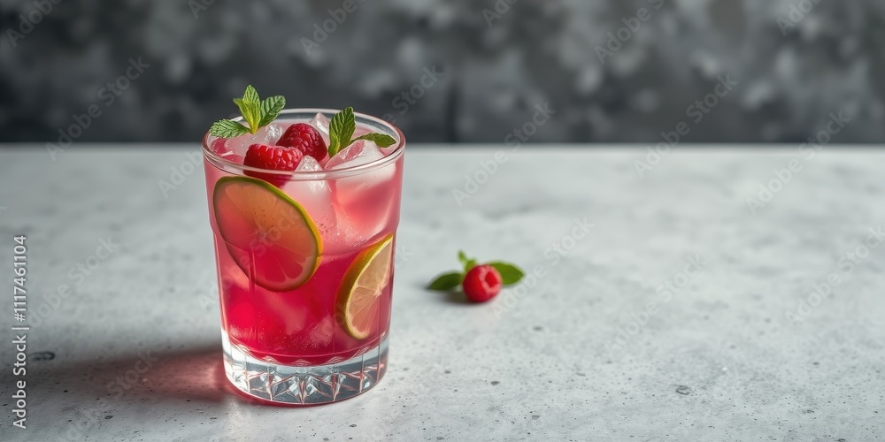 Refreshing pink beverage with lime and raspberry garnishes, served in a glass on a white surface Refreshing pink beverage with lime and raspberry garnishes, served in a glass on a white surface