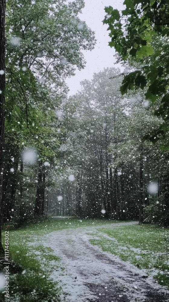 Fototapeta premium Snowy Path in a Green Forest