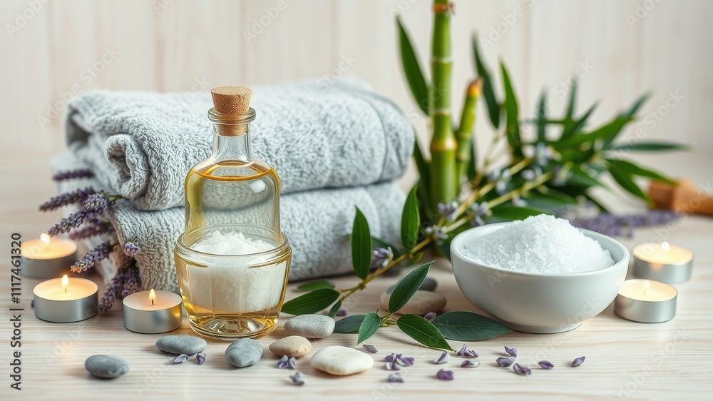 A Relaxing Spa Setting with Essential Oil, Bath Salts, and Candles on a Wooden Table A Relaxing Spa Setting with Essential Oil, Bath Salts, and Candles on a Wooden Table