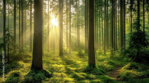 Sunlight streams through a tranquil forest, creating a serene atmosphere.