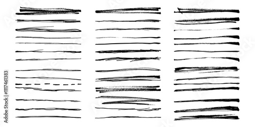 Black Hand Drawn Grunge Pencil and Ink Brush Strokes. Underlines isolated. Scribble ink dividers. Free hand horizontal crayon dry lines