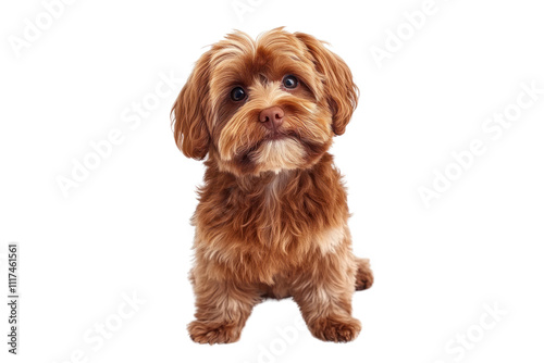 A beautiful happy reddish Havanese puppy dog is sitting upright, looking directly at the camera with bright, playful eyes and a slight tilt of its head. The fluffy fur is well-groomed