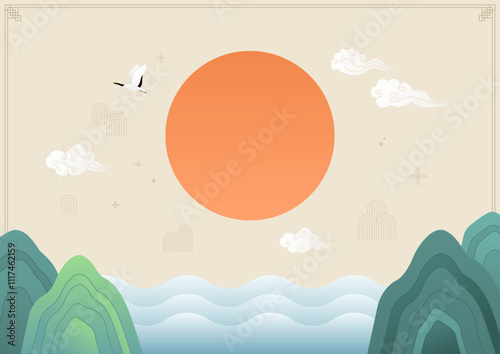 Korean traditional illustration of the sun rising over the sea.