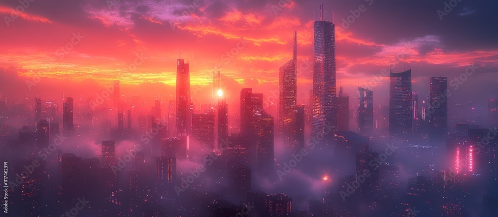 Fototapeta premium Futuristic city skyline at sunset, shrouded in mist.