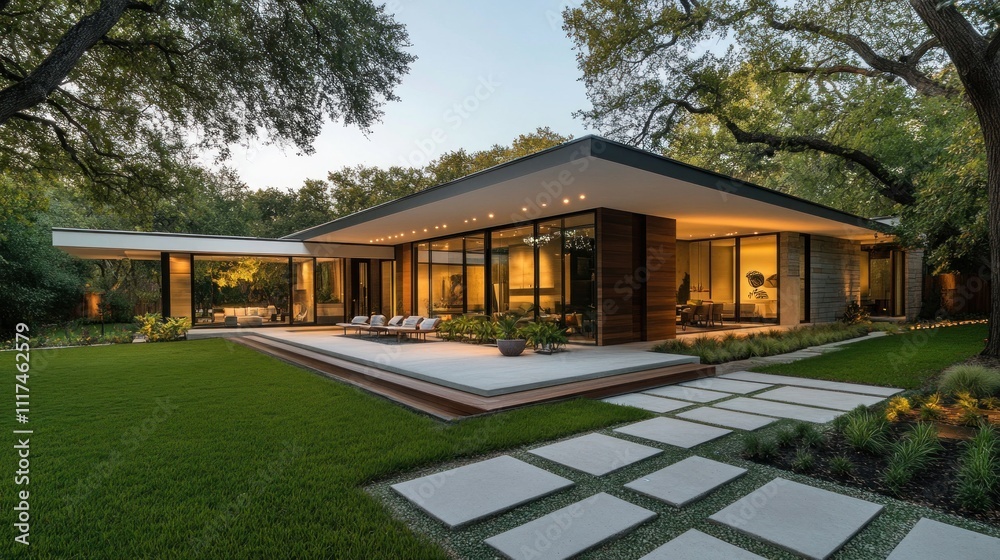 Modern Home with Expansive Patio and Lush Landscaping Modern Home with Expansive Patio and Lush Landscaping