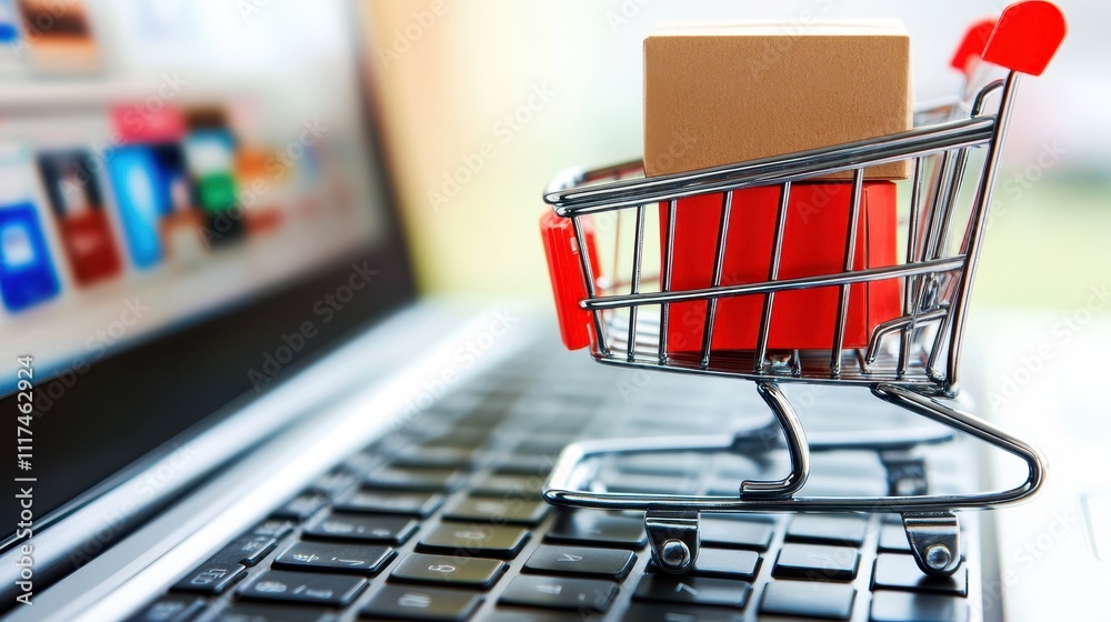 Miniature shopping cart with package on laptop keyboard, online shopping concept. Miniature shopping cart with package on laptop keyboard, online shopping concept.