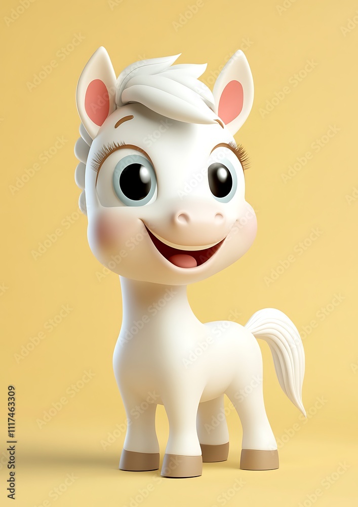 Adorable 3D Render of a Cheerful White Pony, Joyful Cartoon Foal, Happy Digital Art, Cute Equine Character Illustration Adorable 3D Render of a Cheerful White Pony, Joyful Cartoon Foal, Happy Digital Art, Cute Equine Character Illustration