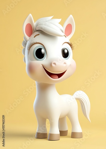 Adorable 3D Render of a Cheerful White Pony, Joyful Cartoon Foal, Happy Digital Art, Cute Equine Character Illustration