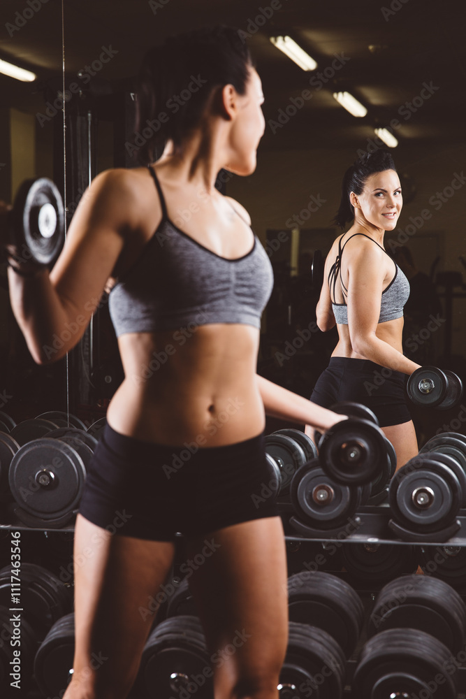 Woman Lifting Dumbbells with Mirror Reflection in Gym