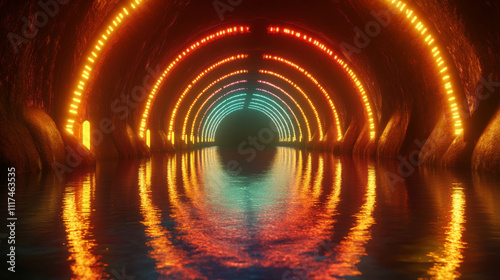 Sci Fy neon lamps in a dark tunnel. Reflections on the floor and walls. Empty background in the center. 3d rendering image. photo